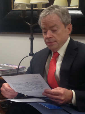 Senator Don Huffines reading NCJW Bill recommendations_